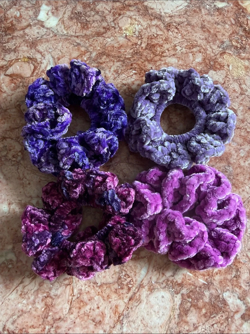 Plush Velvet Crochet Ruffled Scrunchie Set - Purple Mix